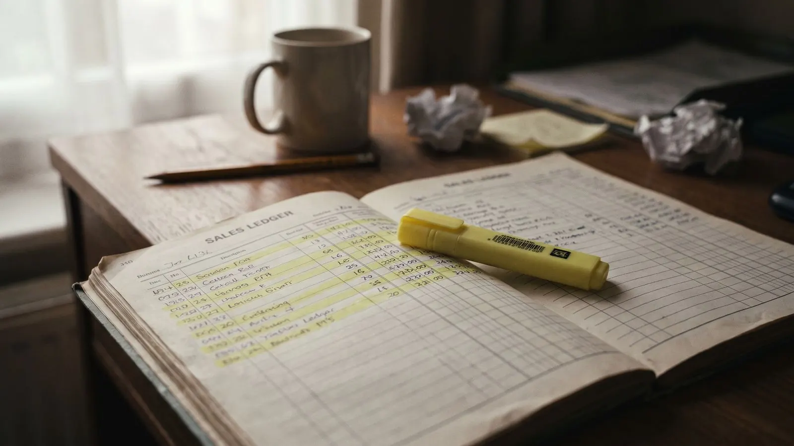 A printed sales ledger with a few rows picked out in highlighter