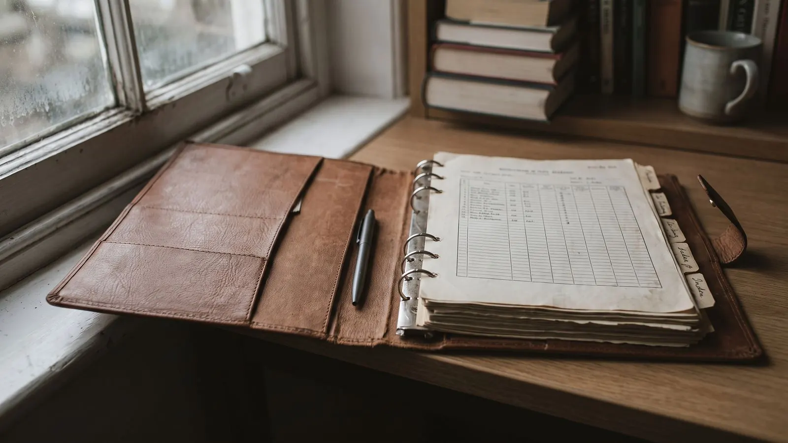 A contract renewal schedule clipped into a tabbed ring binder on a desk