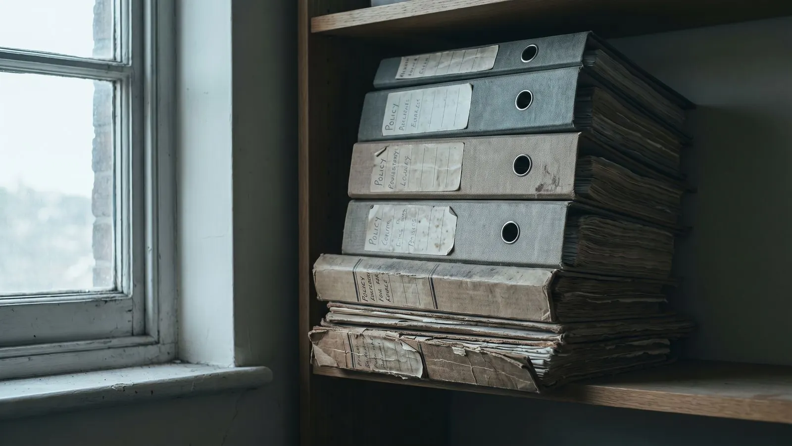 Dated policy documents and lever arch files stacked spine out on a shelf