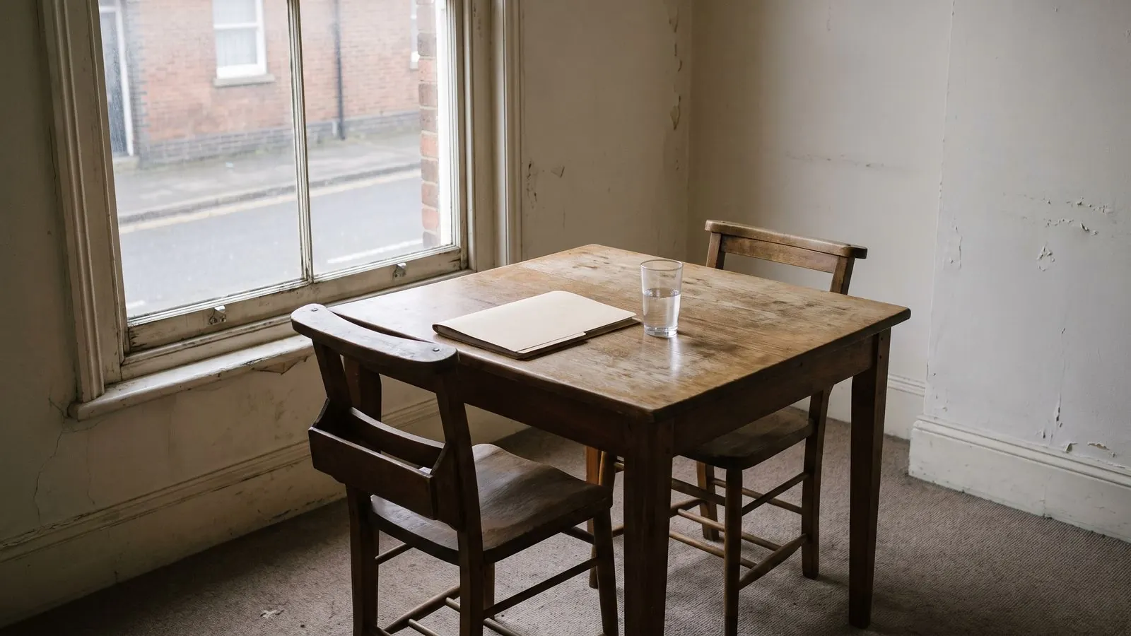 A small meeting room set for two with a closed folder at one place