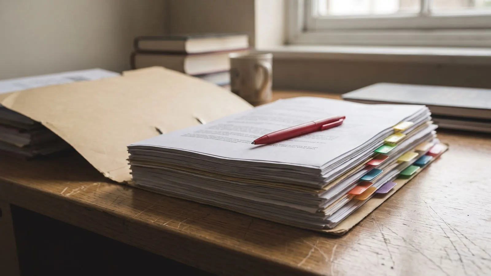 A thick tabbed credit file open on a desk with a red pen across it