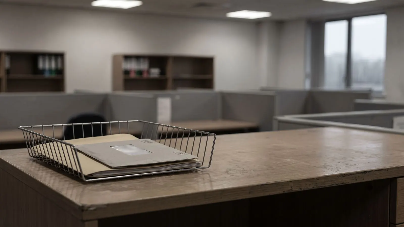 A closed folder and a returned envelope sitting in a wire out-tray