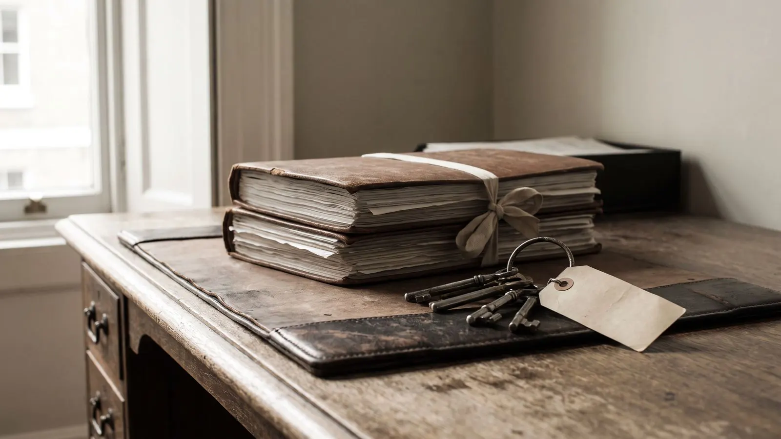 A signed and bound document set on a solicitor's desk beside a bunch of keys
