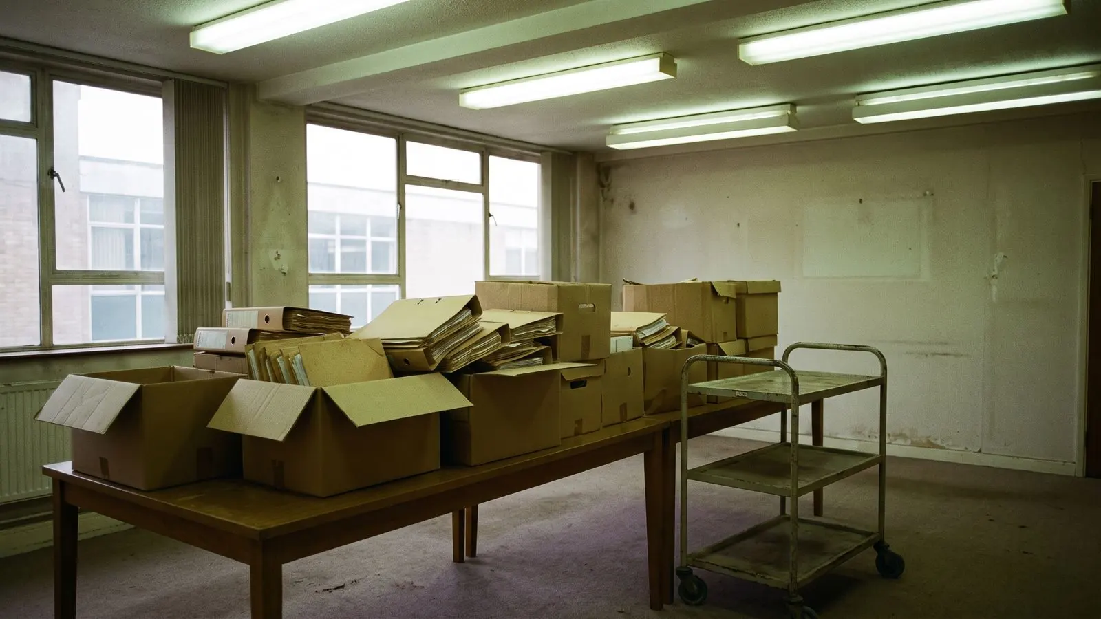 Archive boxes opened on a meeting room table with lever arch files inside