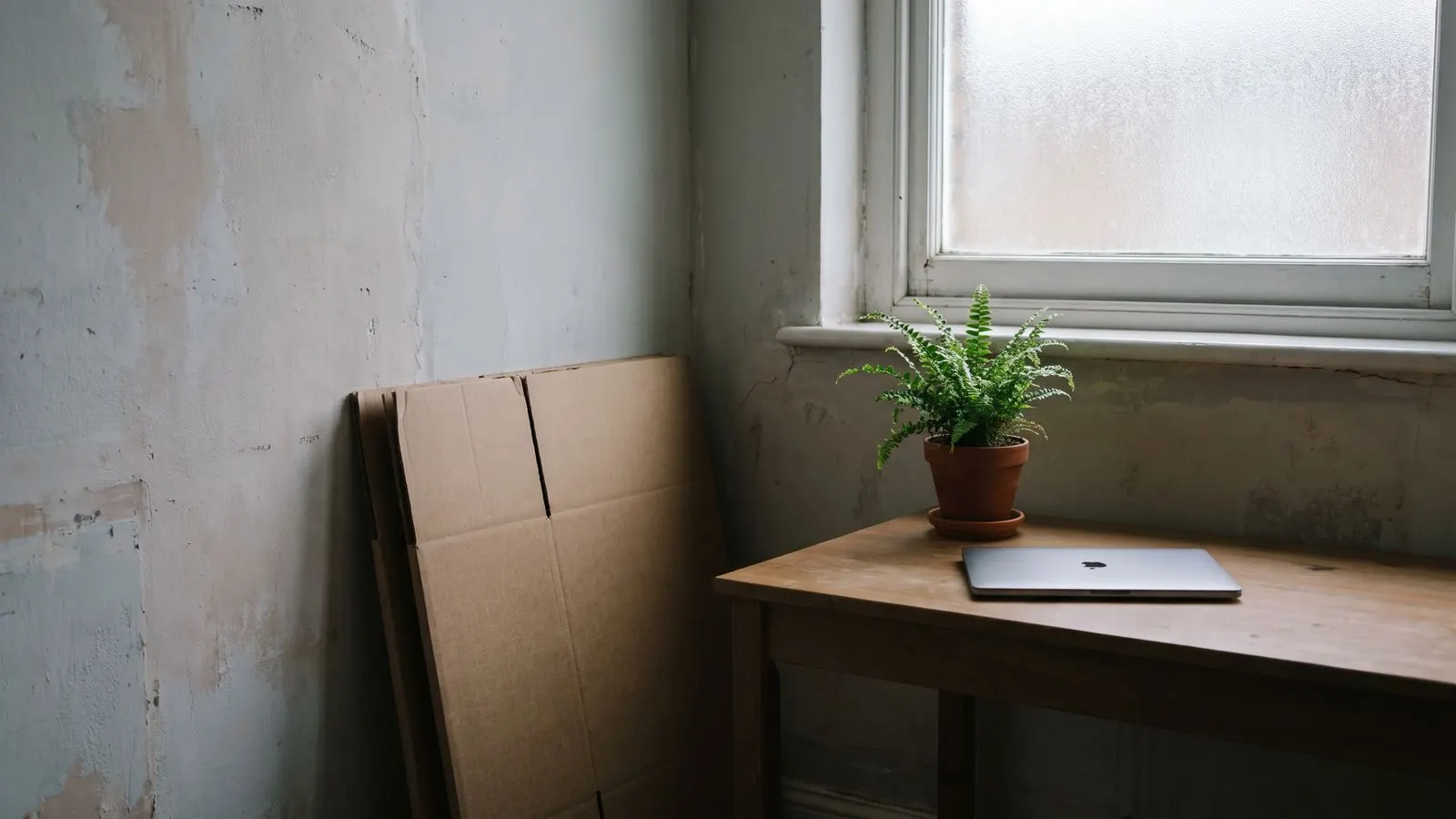 A newly occupied office with flattened packing boxes against the wall and a bare desk