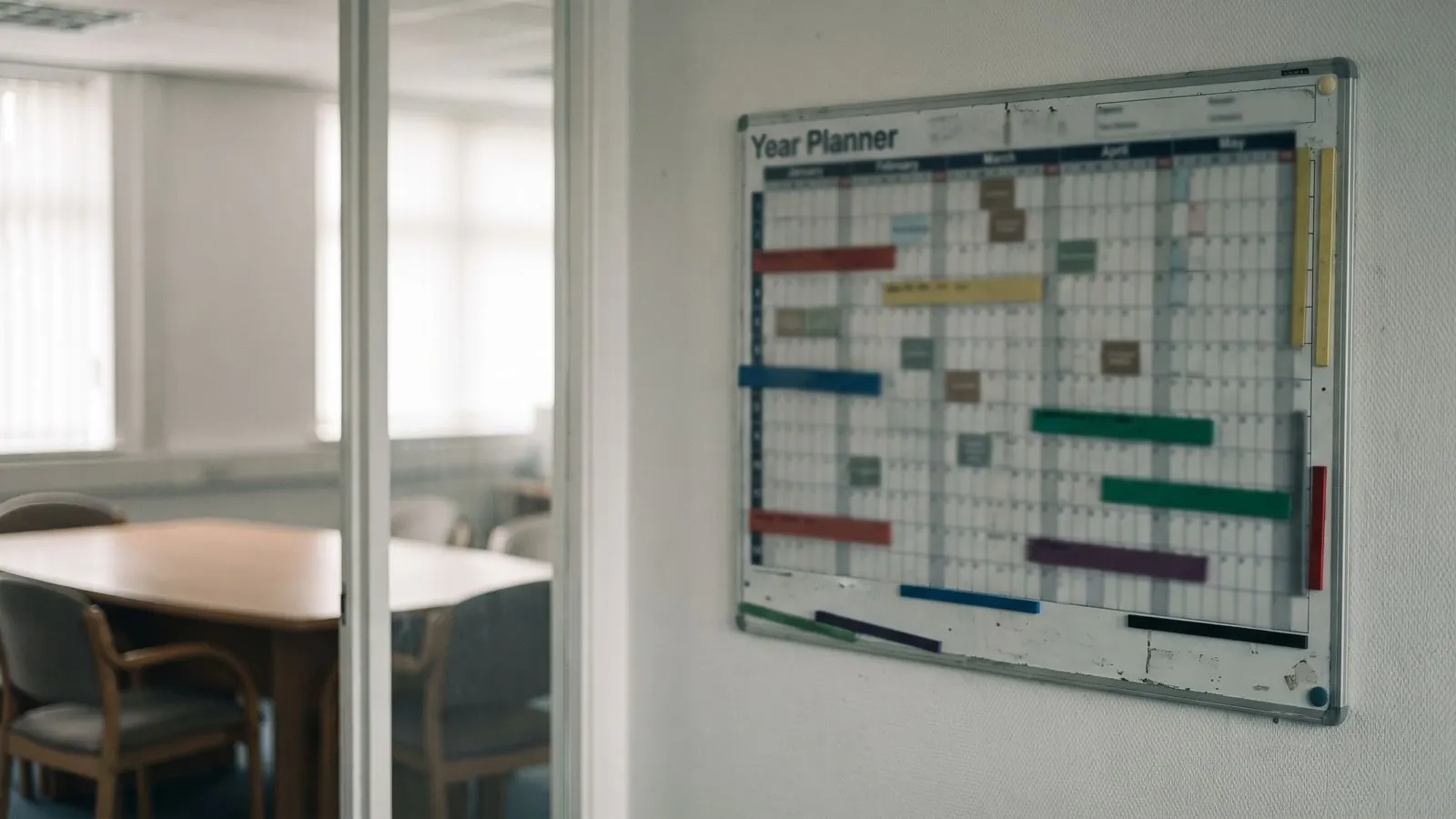 A wall planner board carrying coloured magnetic strips across the weeks