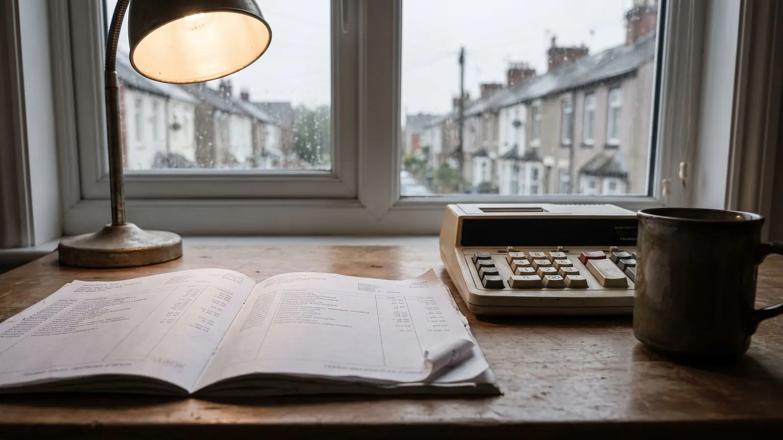 A printed set of accounts open on a desk beside a desktop calculator