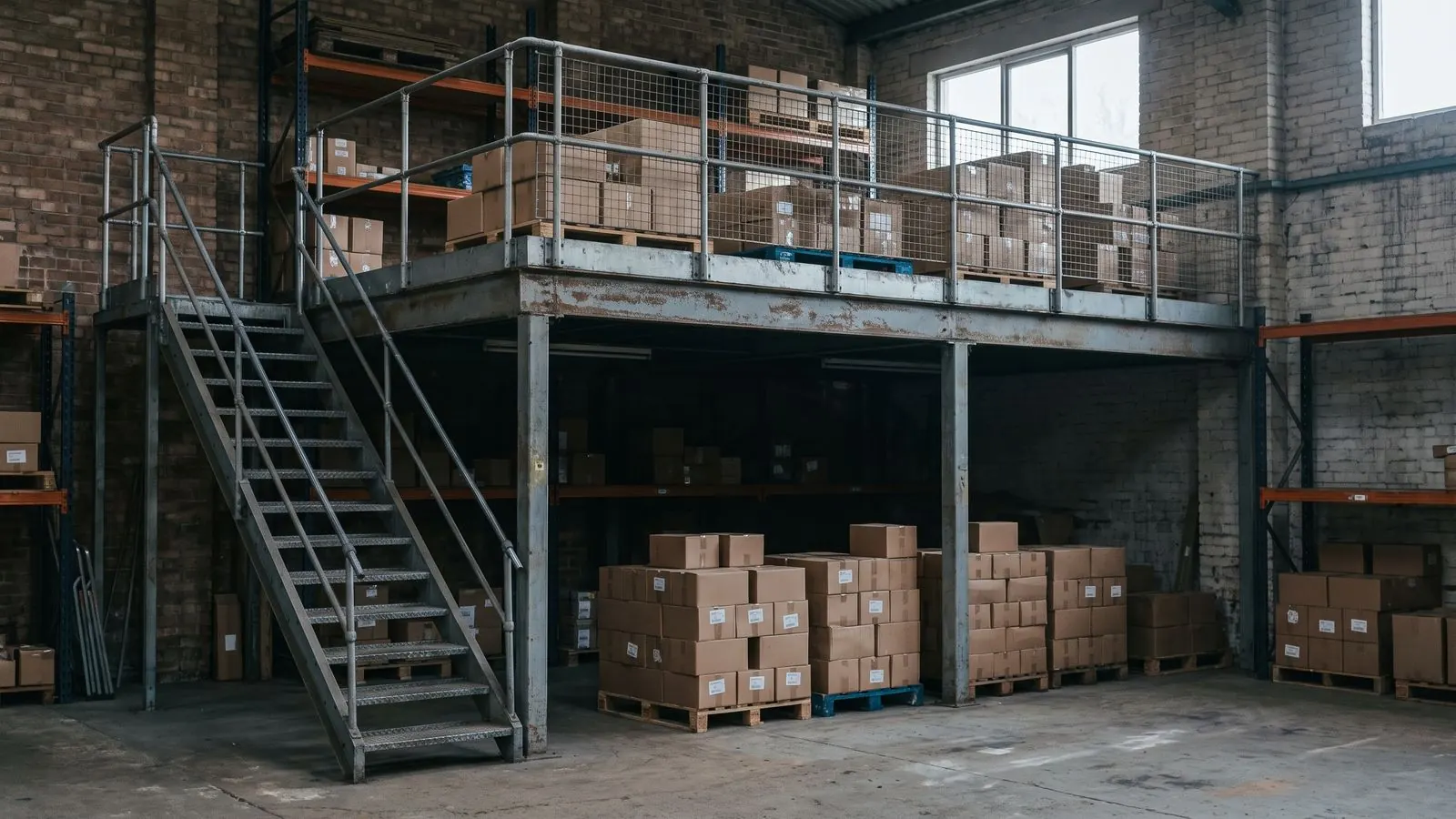 A raised steel mezzanine deck with stock stored on both levels