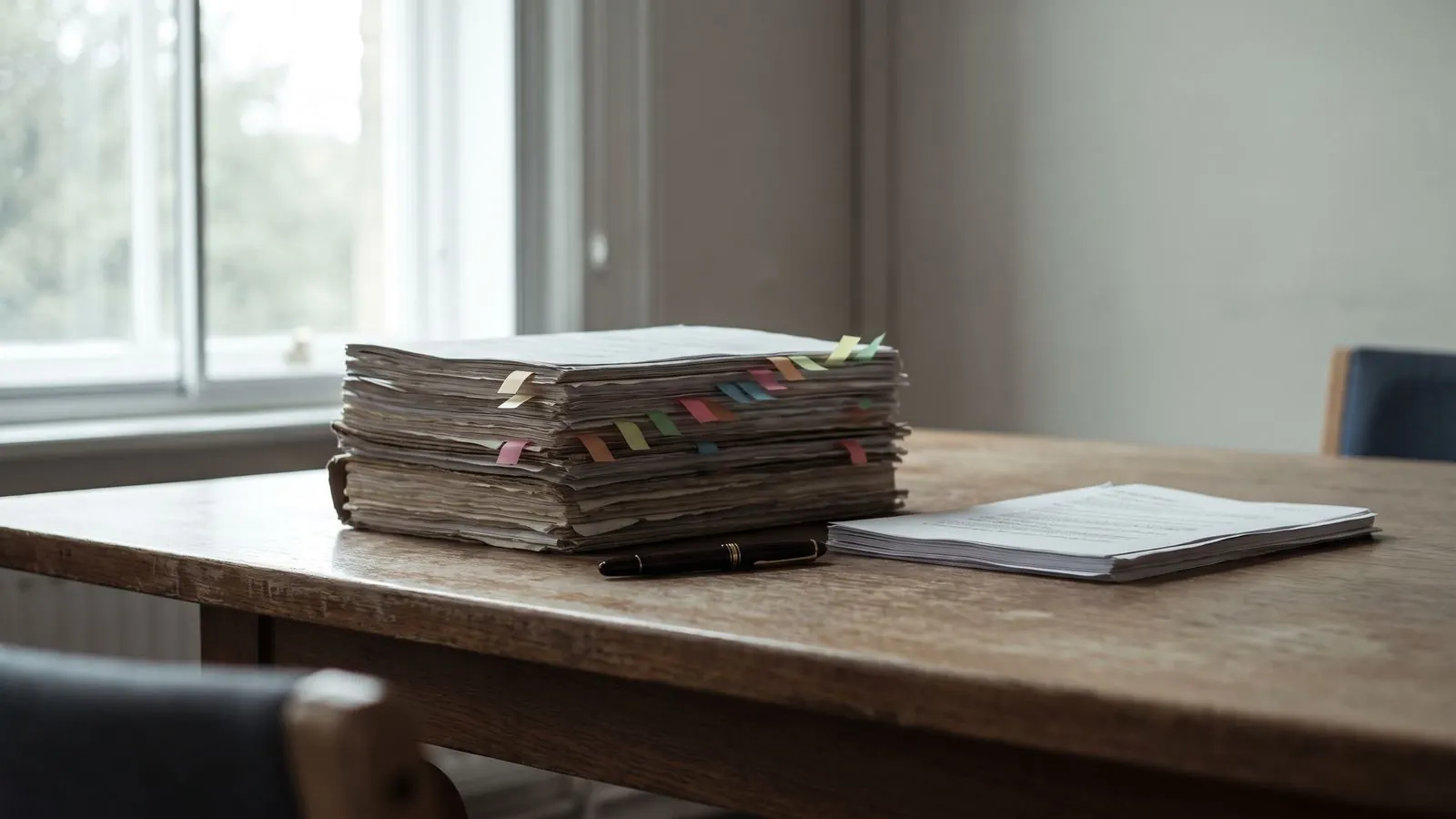 Two piles of paperwork on a meeting table, one thick and tagged, one a few sheets