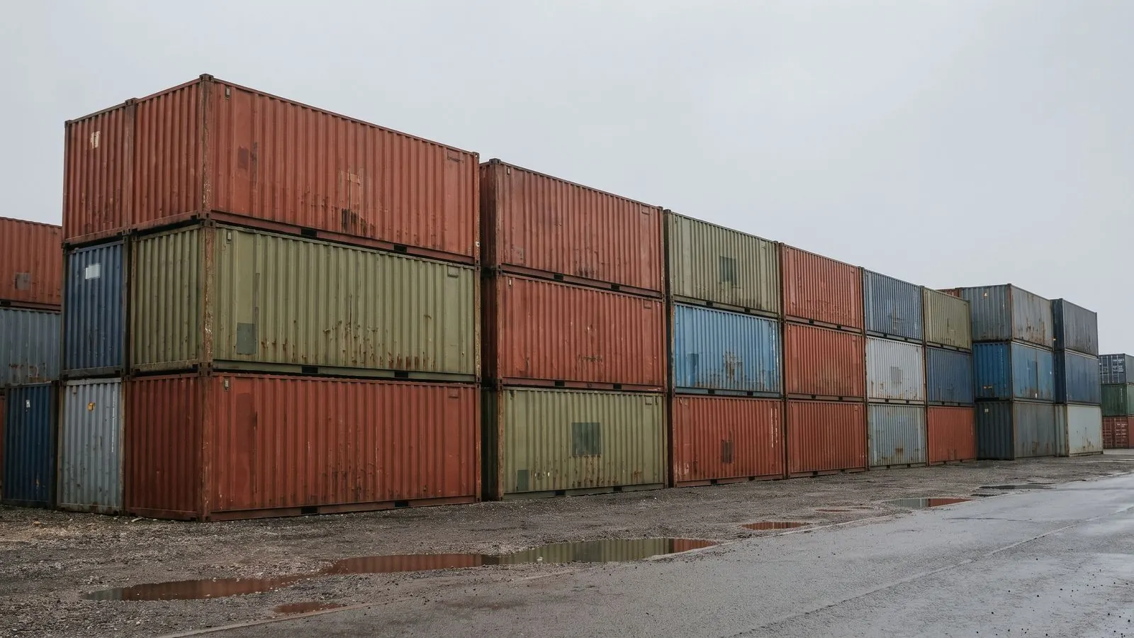 Weathered shipping containers stacked four high at an inland depot