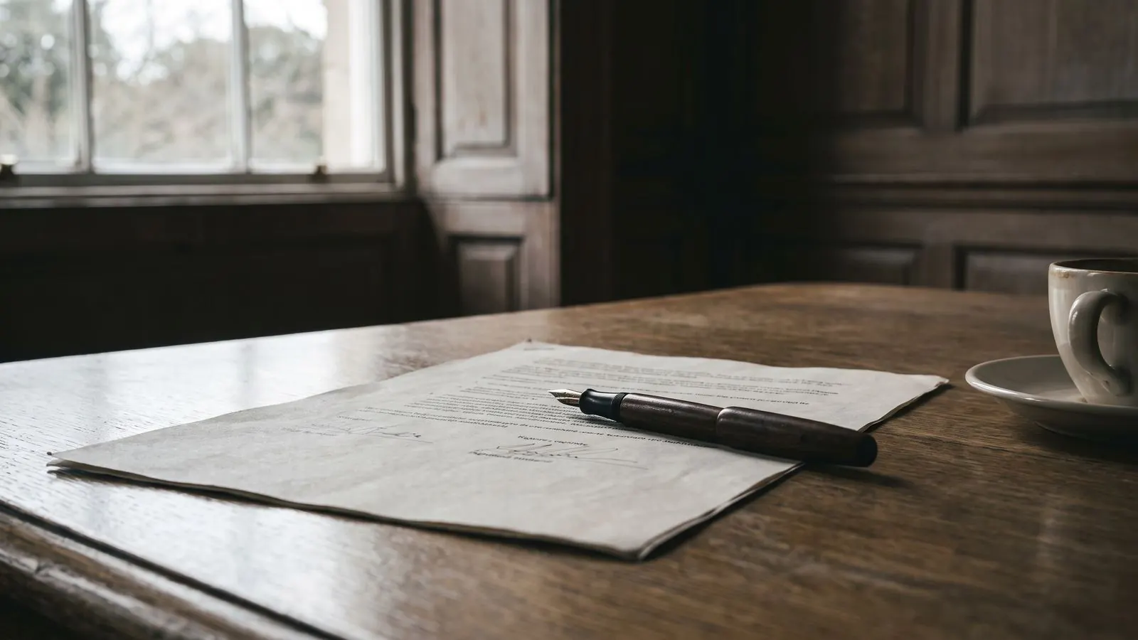 The last page of an agreement on a table with a fountain pen resting on it