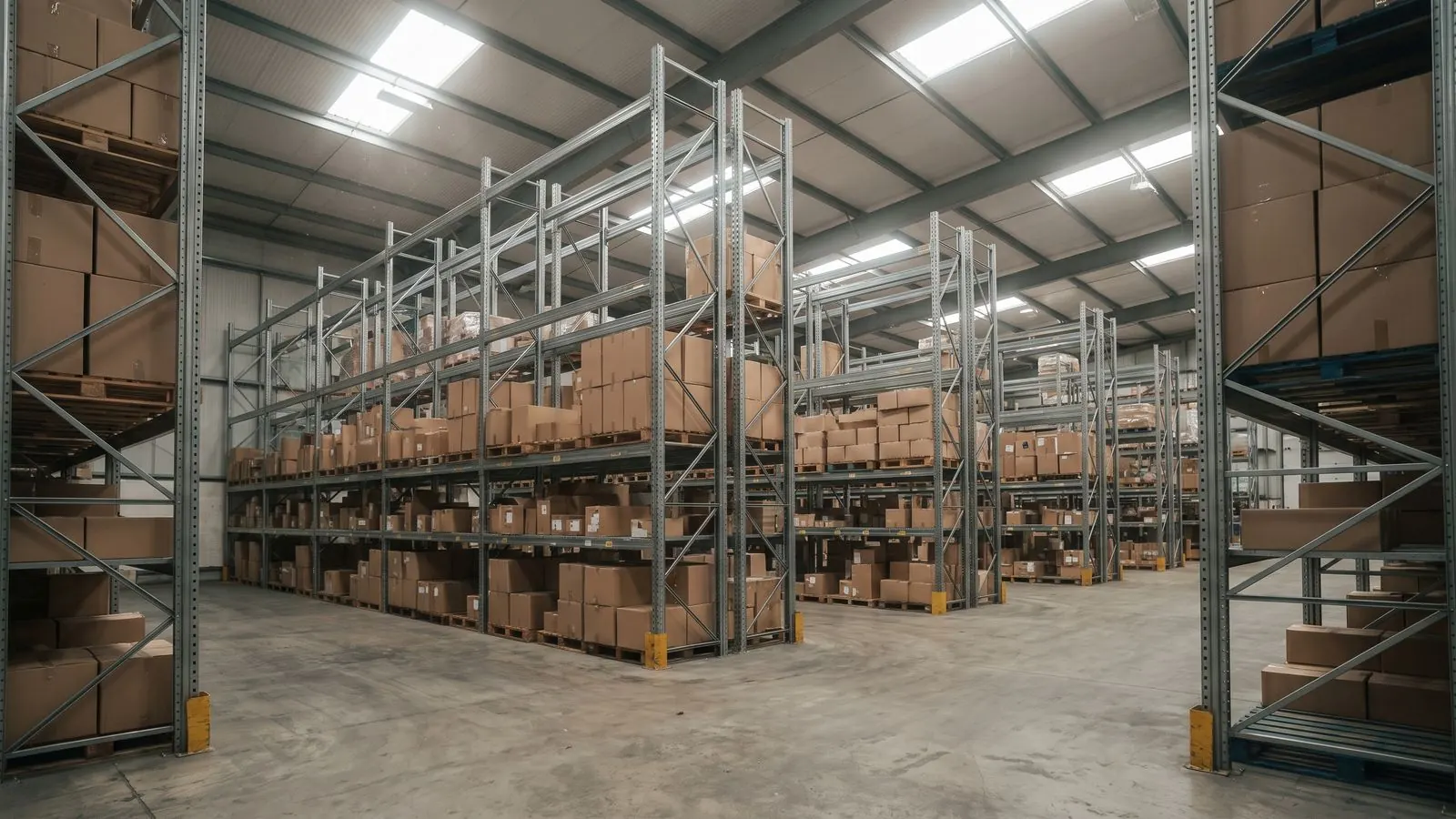 Steel pallet racking part filled with stock in a distribution warehouse