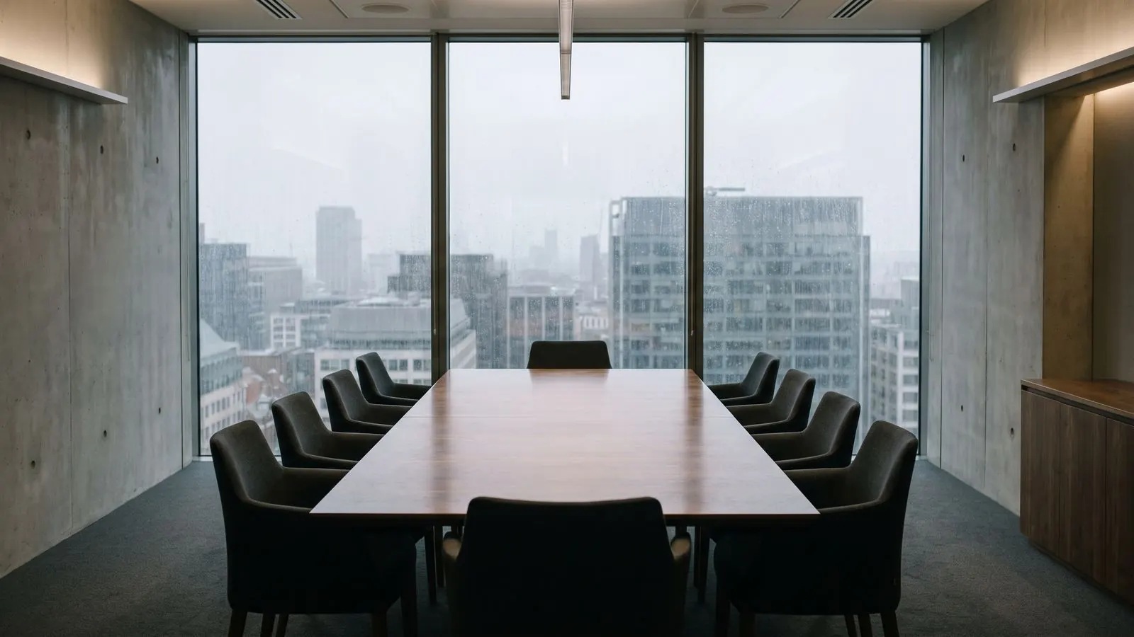 An empty boardroom with a long table and chairs pushed in