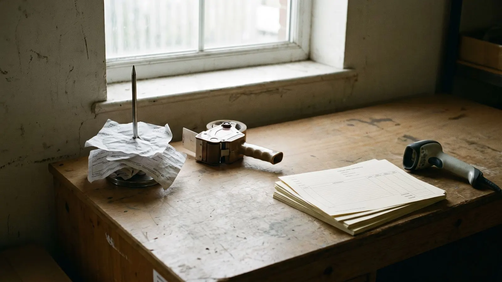 A warehouse dispatch desk with a spike of delivery notes and paperwork