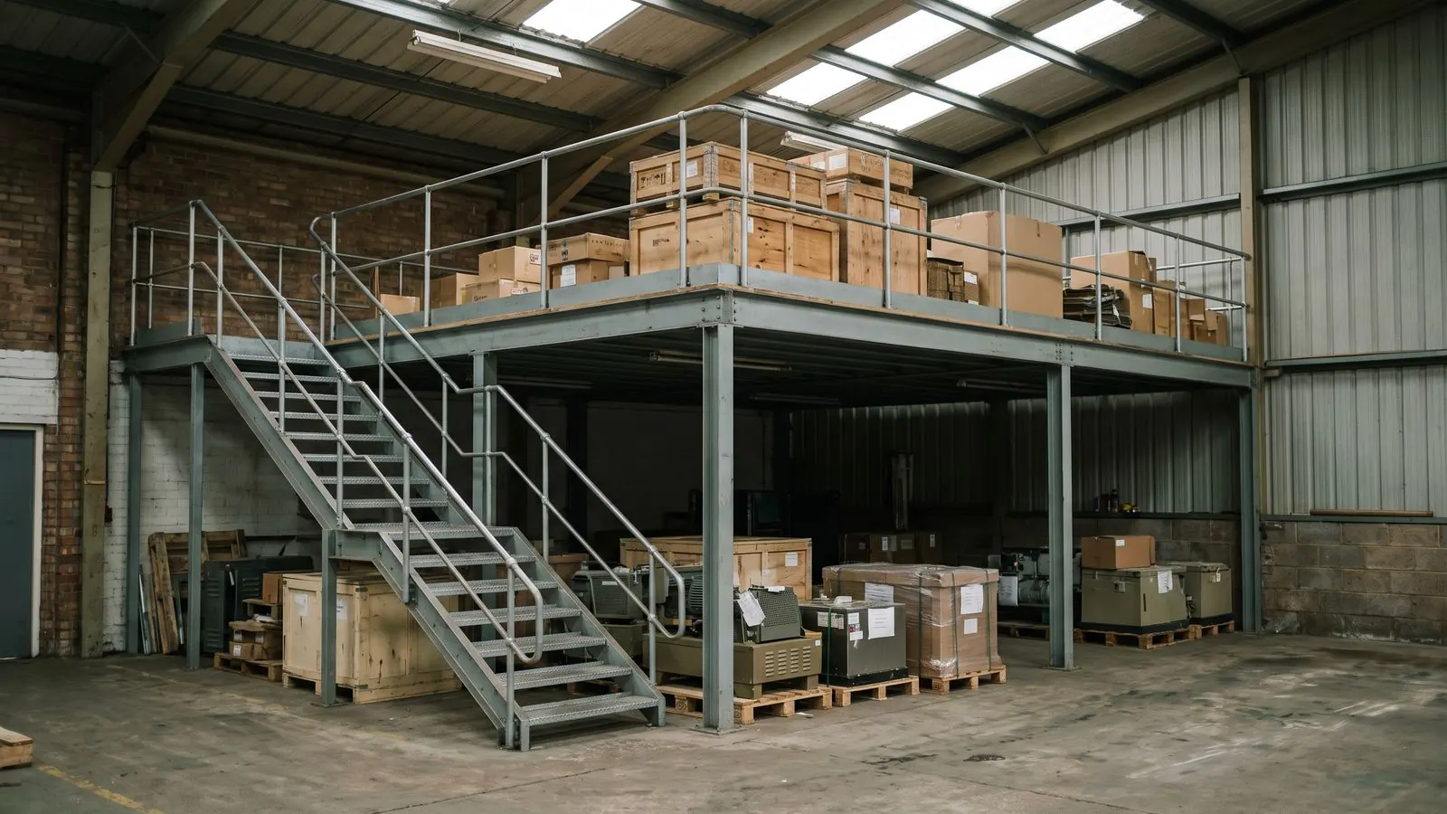 A steel mezzanine floor with open treads installed inside a warehouse unit
