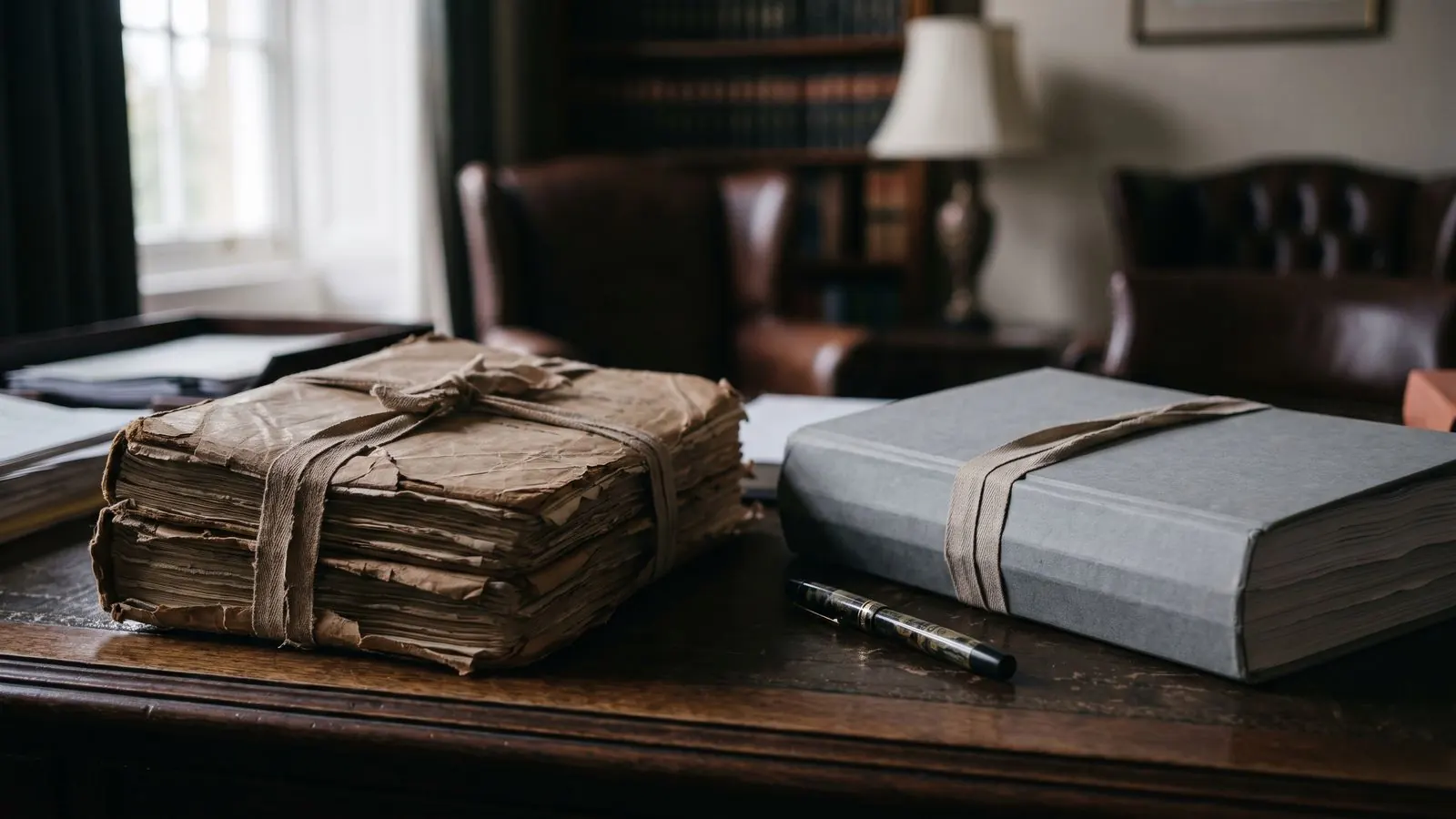 Two bound document sets side by side on a desk, one worn and one new