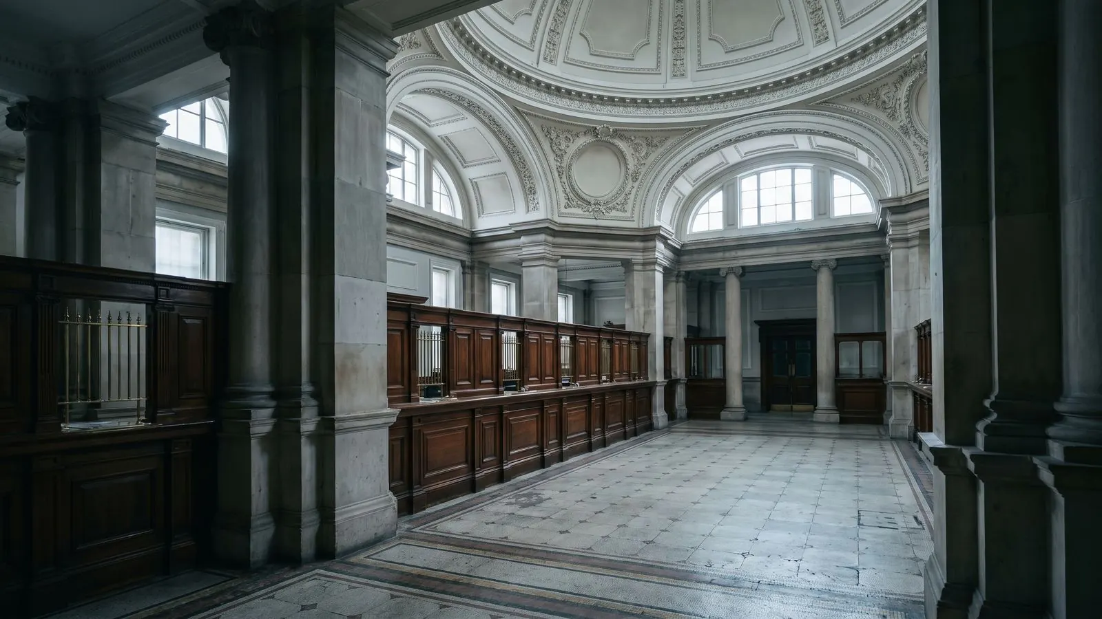 The stone columns and counter of an old banking hall