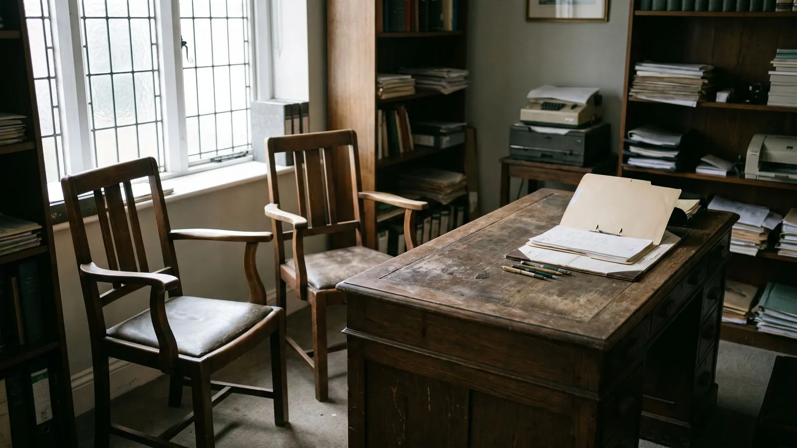 Two chairs facing each other across a worn oak desk with an open folder