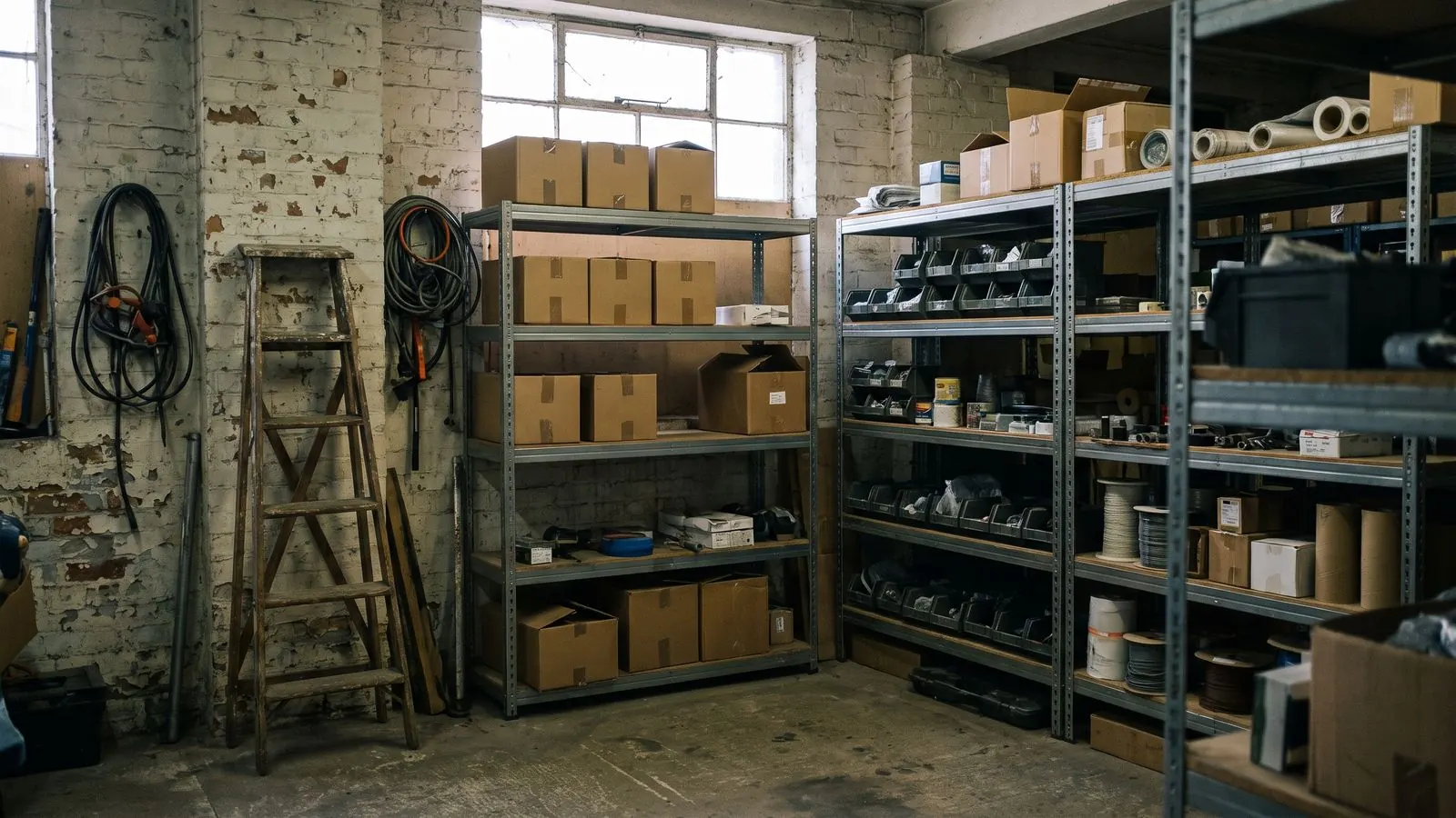 Metal shelving half stocked with parts boxes in a trade stockroom