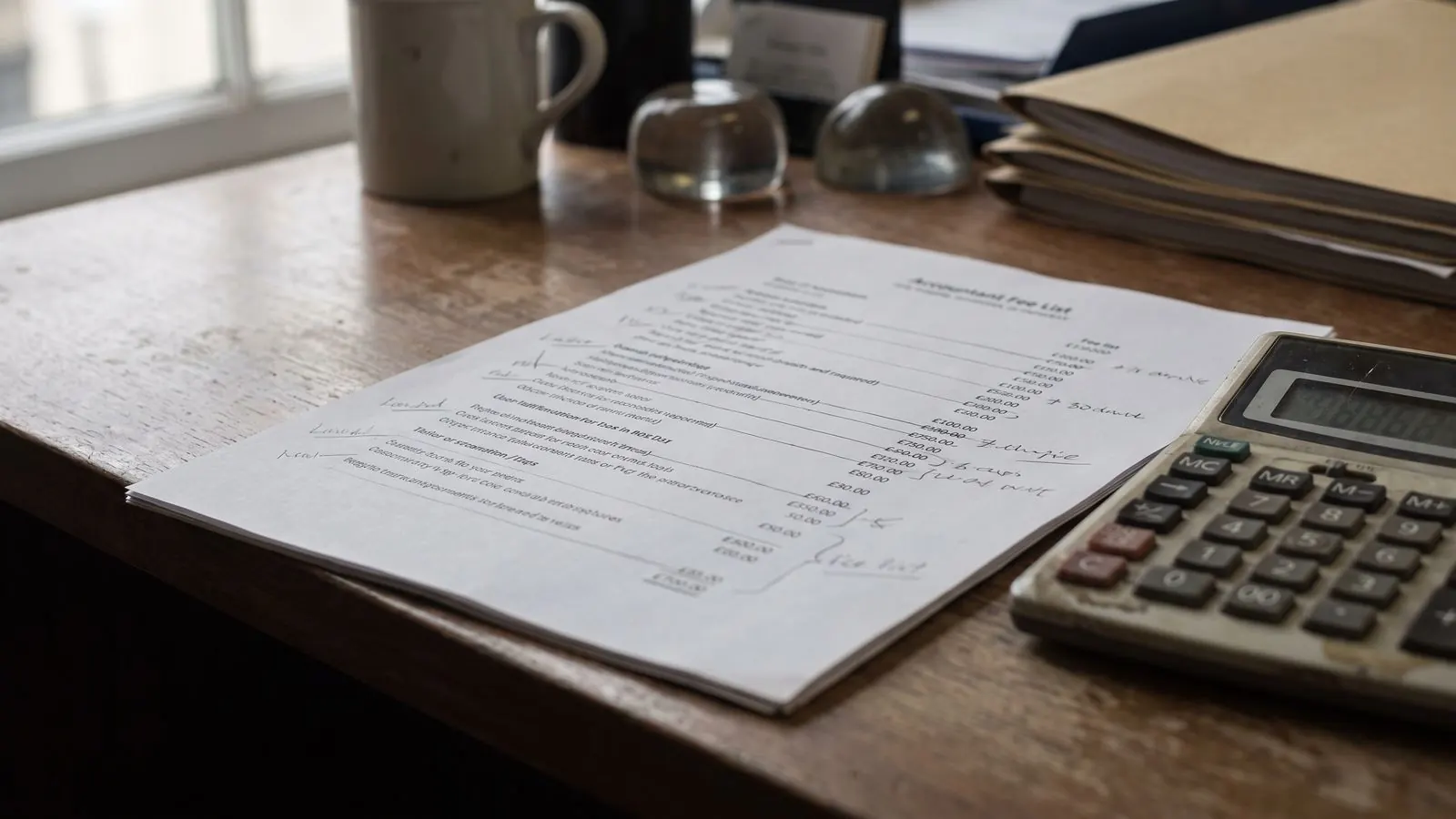 A printed client fee list on an accountant's desk with rows ruled off in pencil
