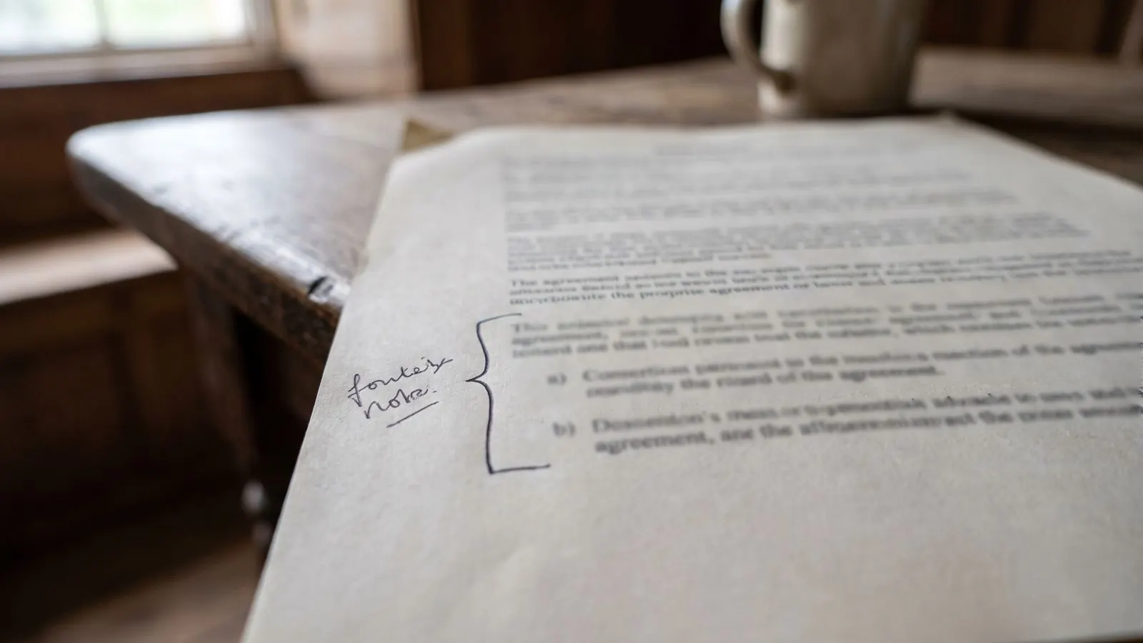 A clause in a printed agreement bracketed in pen with a note in the margin