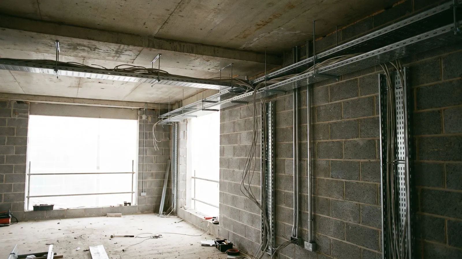Cable containment and steel trunking running along the soffit of a commercial fit-out