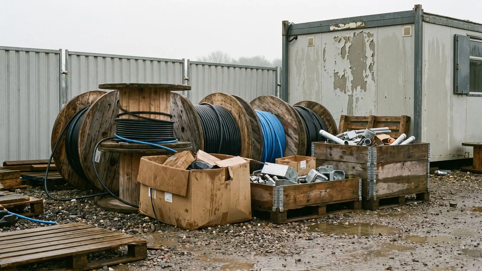 Cable drums and boxed electrical fittings stacked in a site compound