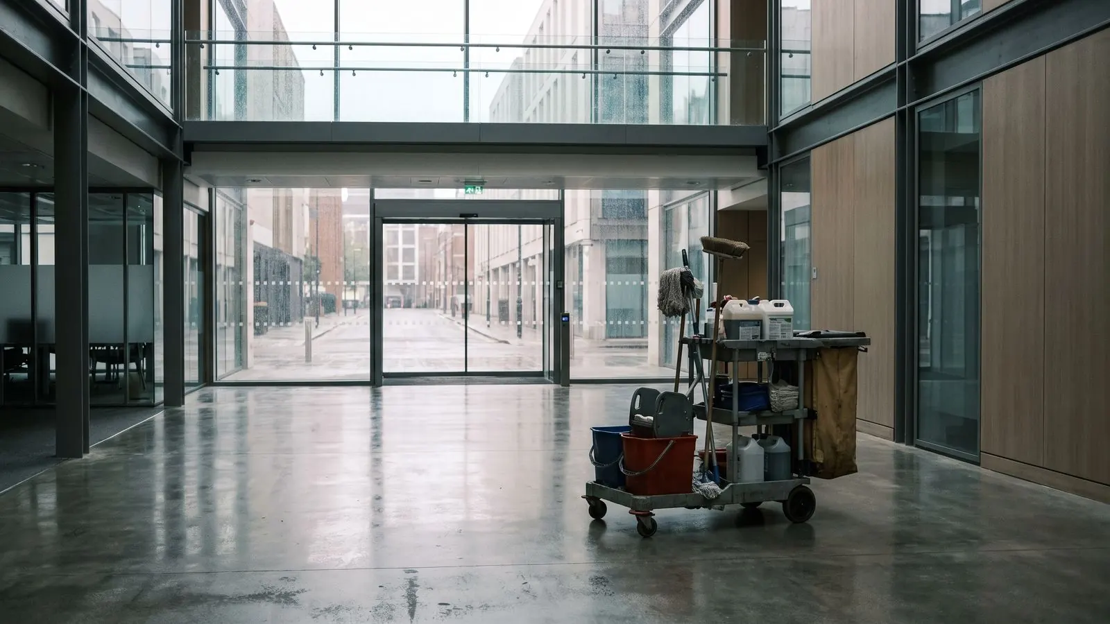 A cleaning trolley in a wide empty office atrium at the start of a shift