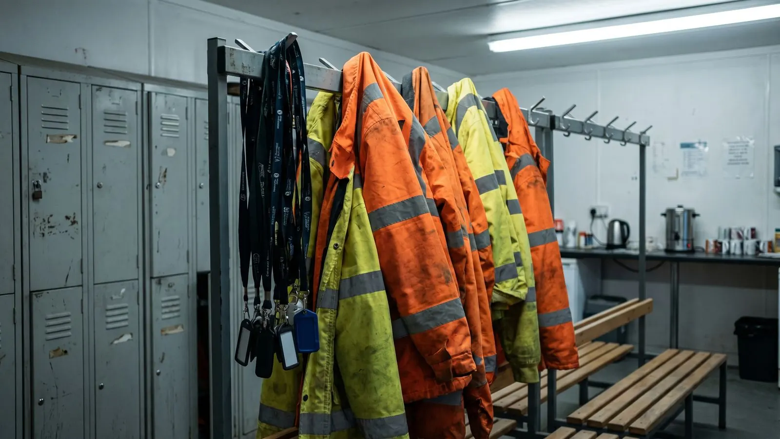 Hi-vis jackets and lanyards hanging on a rack in a site welfare room
