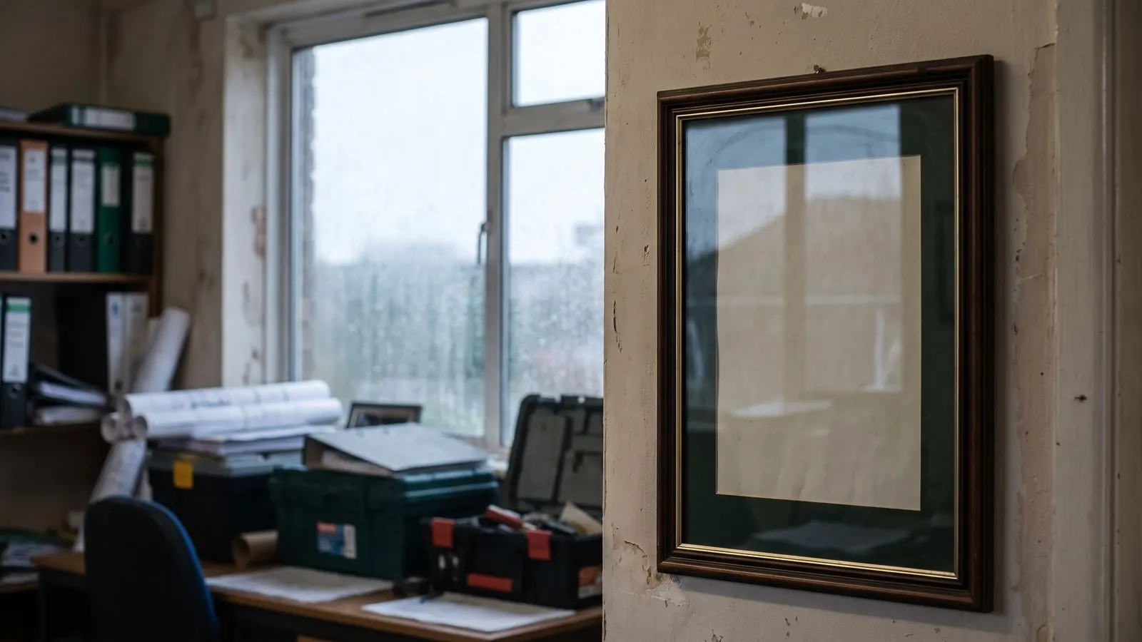 A framed certificate on a contractor's office wall, the glass catching the window