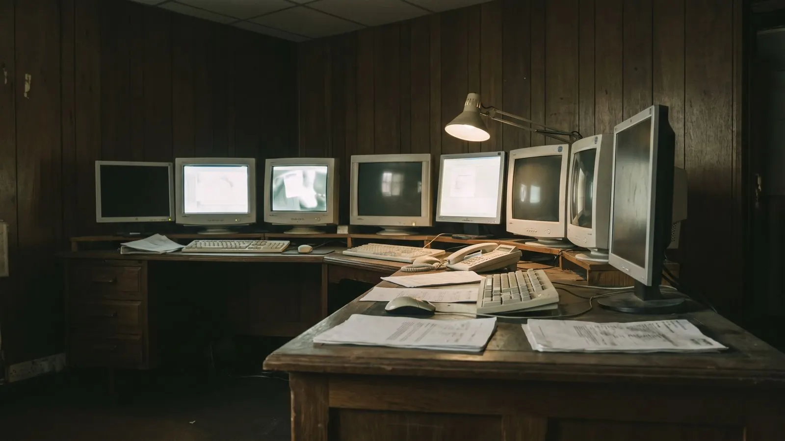 A bank of monitoring screens and keyboards in a small alarm receiving centre