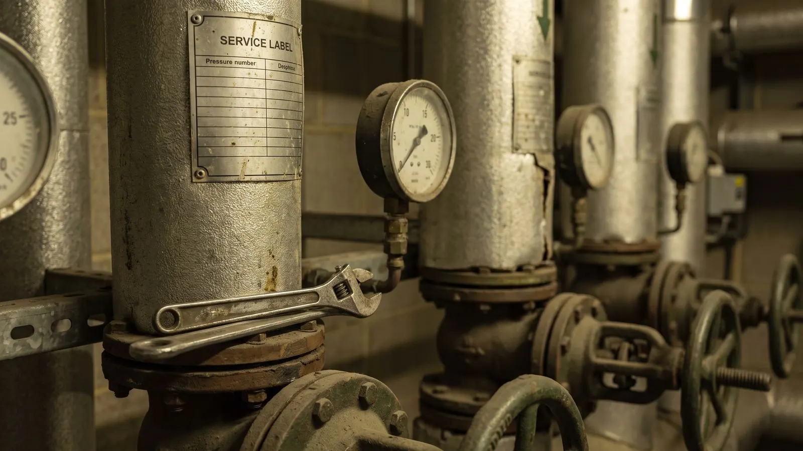 Pressure gauges and a service label on commercial boiler pipework in a plant room