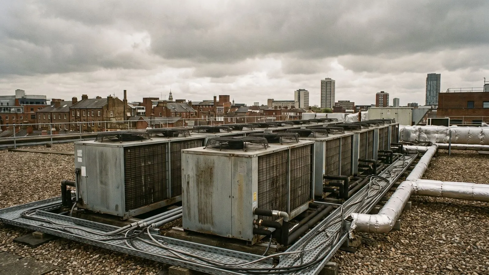A row of external condenser units on a flat commercial roof