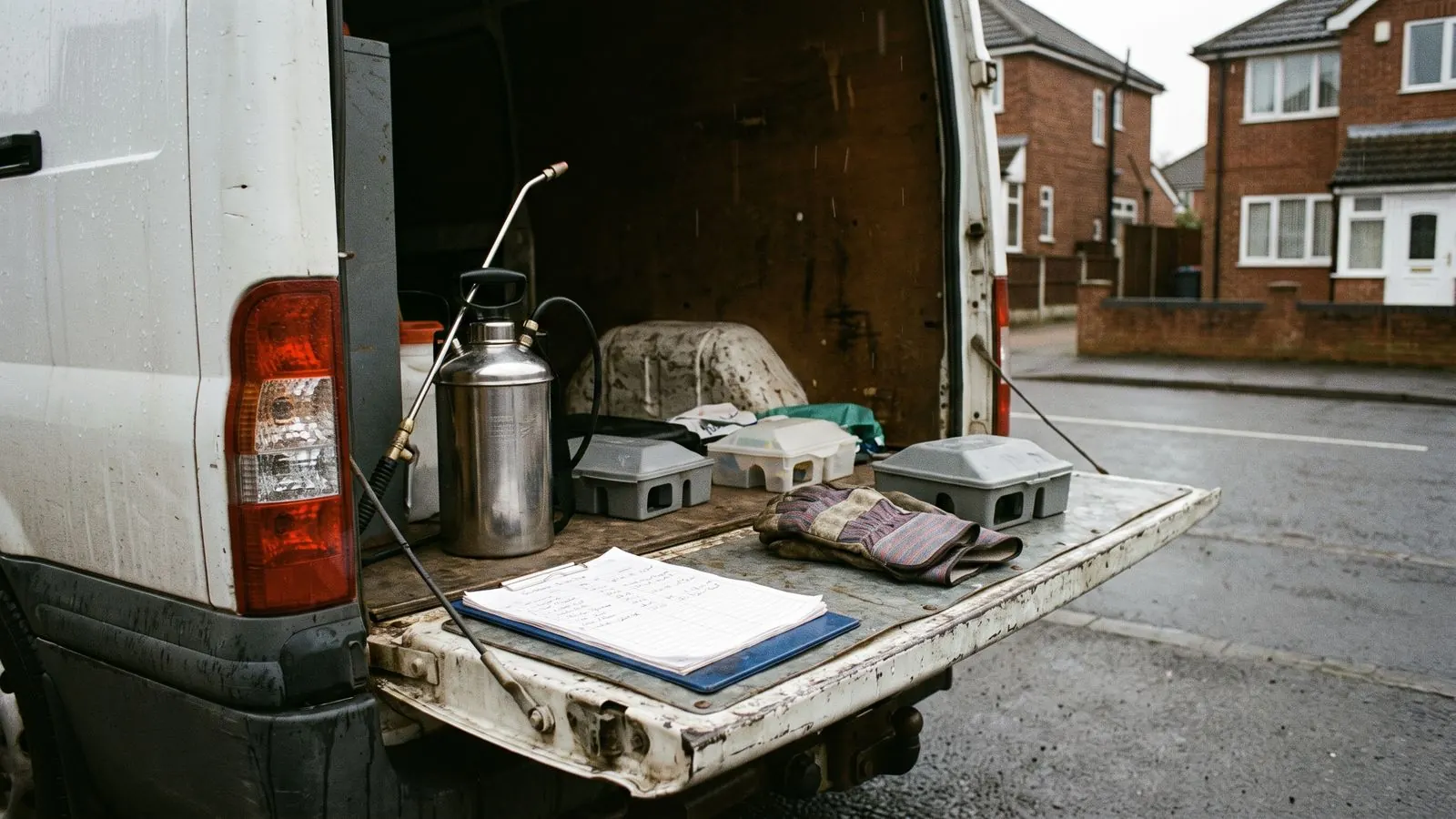A pest control technician's kit laid out on a van tailgate with a route sheet