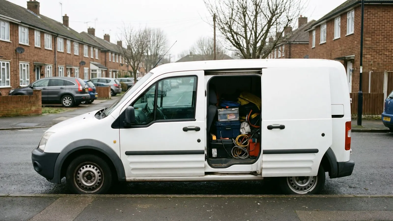 A small service van parked on a suburban street with its side door open