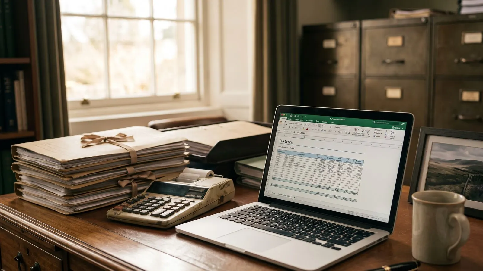 A partner's desk in an accountancy practice with client files and a fee ledger on screen