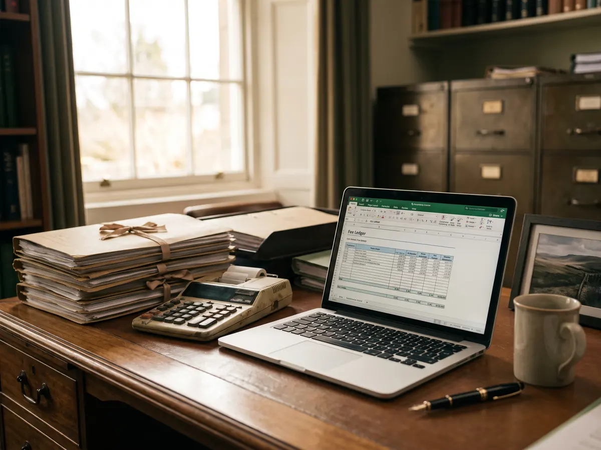 An accountancy practice office with client files and a fee ledger
