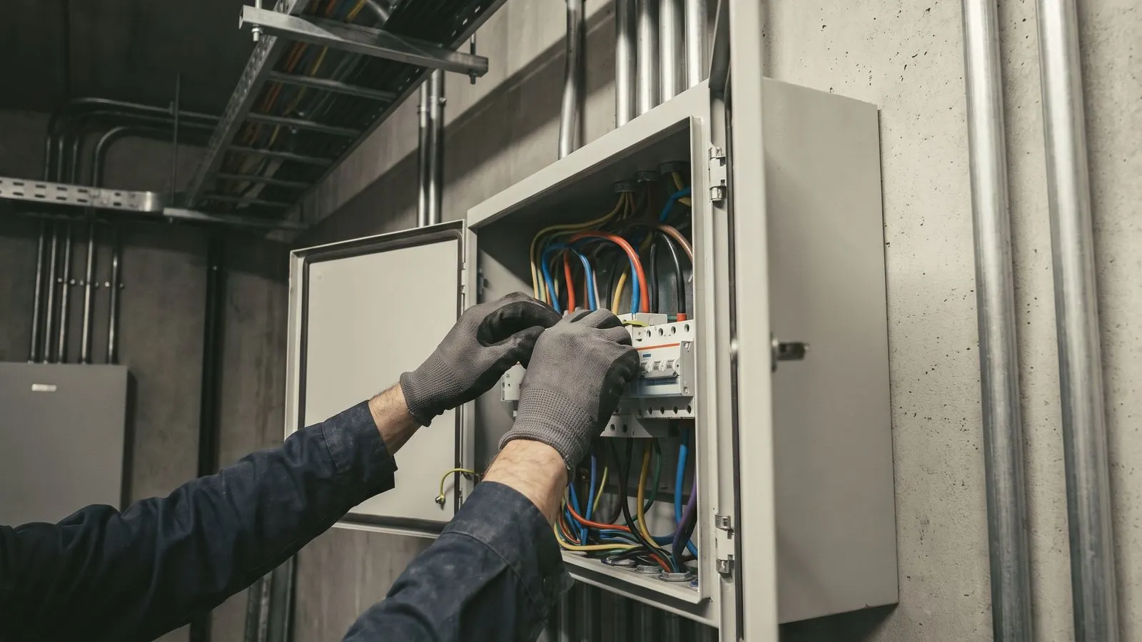 An electrician working on a distribution board during a commercial fit-out