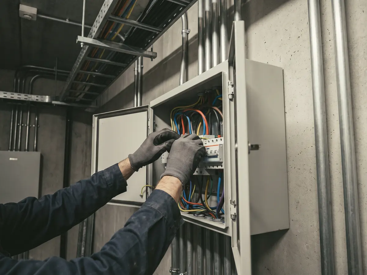 An electrician wiring a distribution board in a commercial unit