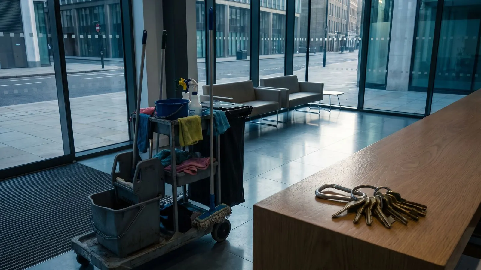 A facilities team's trolley and site keys in an office reception at the start of the day