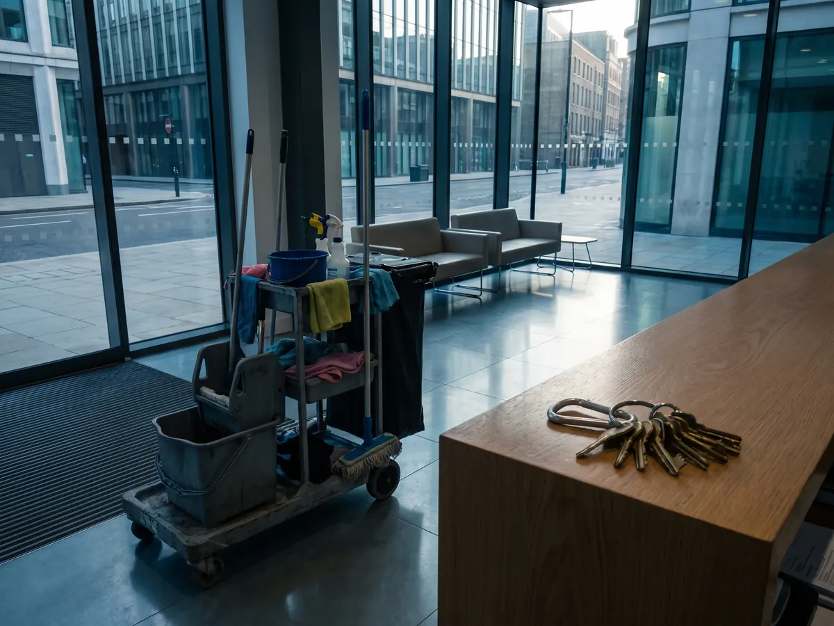 A maintenance trolley and site keys in an office reception at dawn