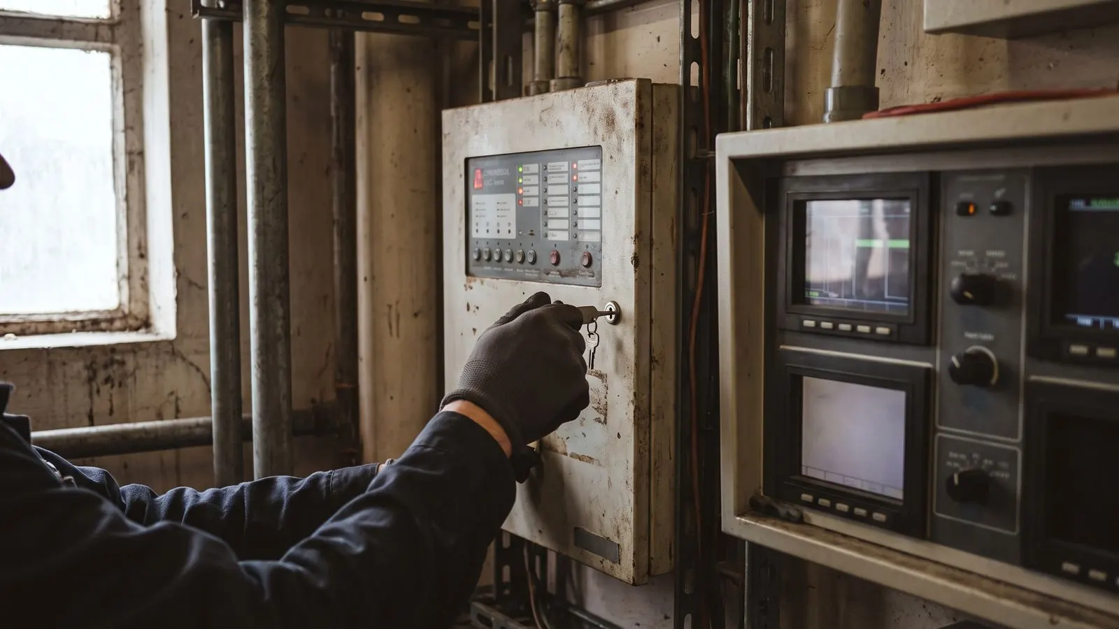 An engineer testing a fire alarm control panel in a commercial building