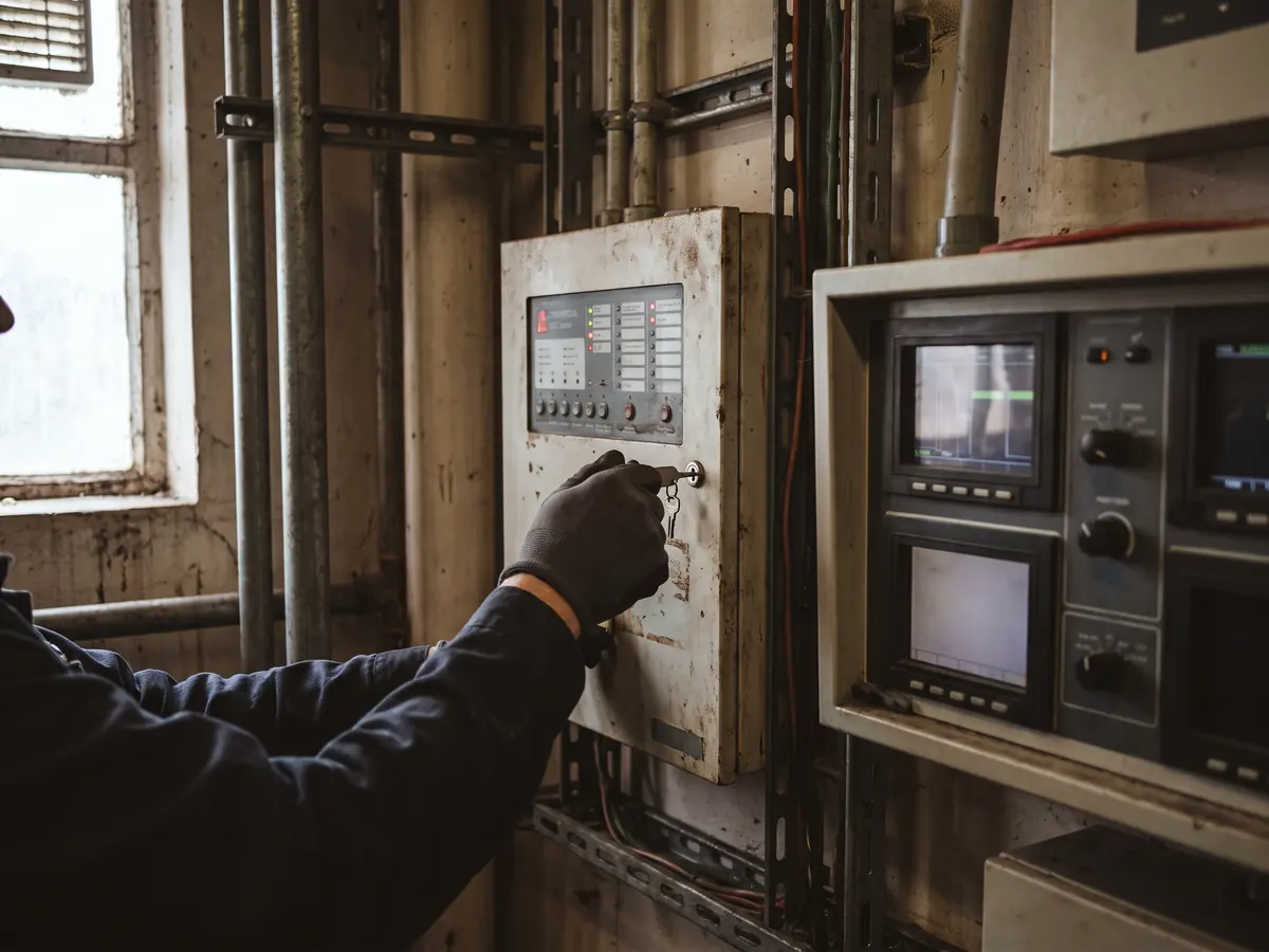 A fire alarm control panel and monitoring console in a plant room
