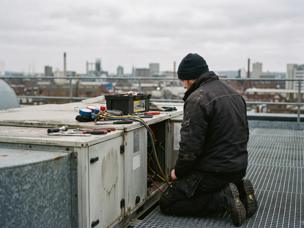 An engineer servicing a rooftop air handling unit