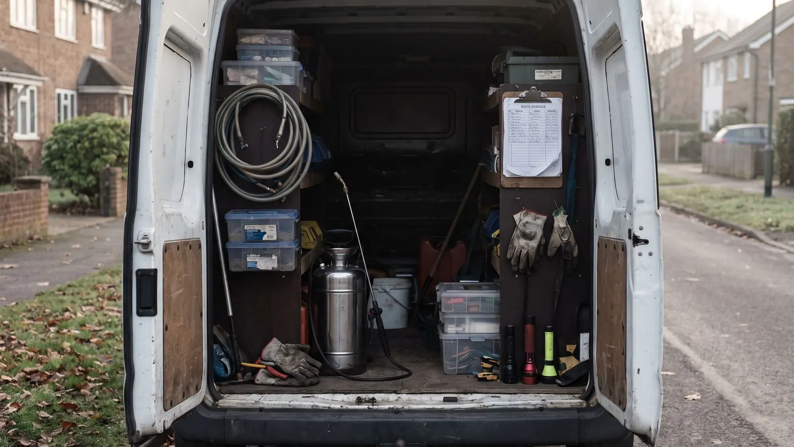 A pest control van with its equipment bay open and the day's route sheet on a clipboard