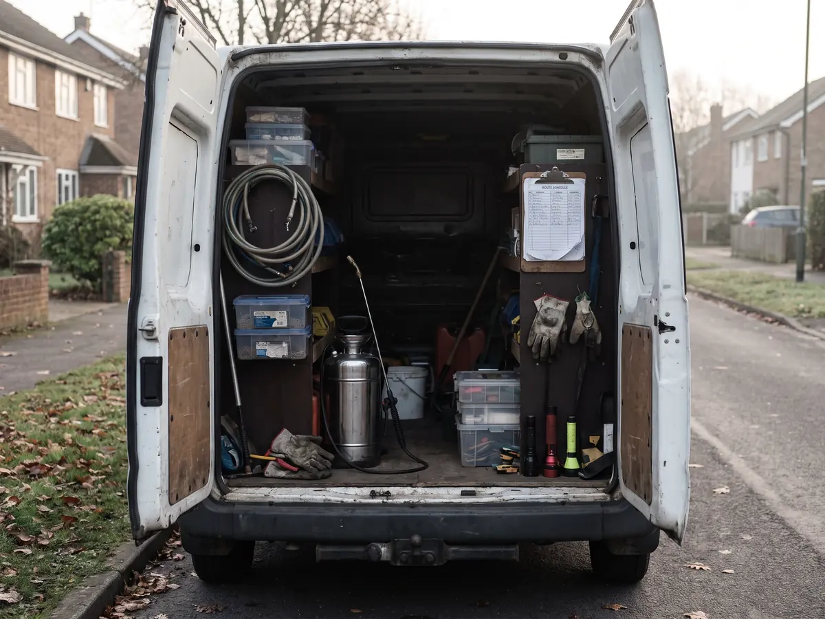 A pest control van with equipment and route paperwork
